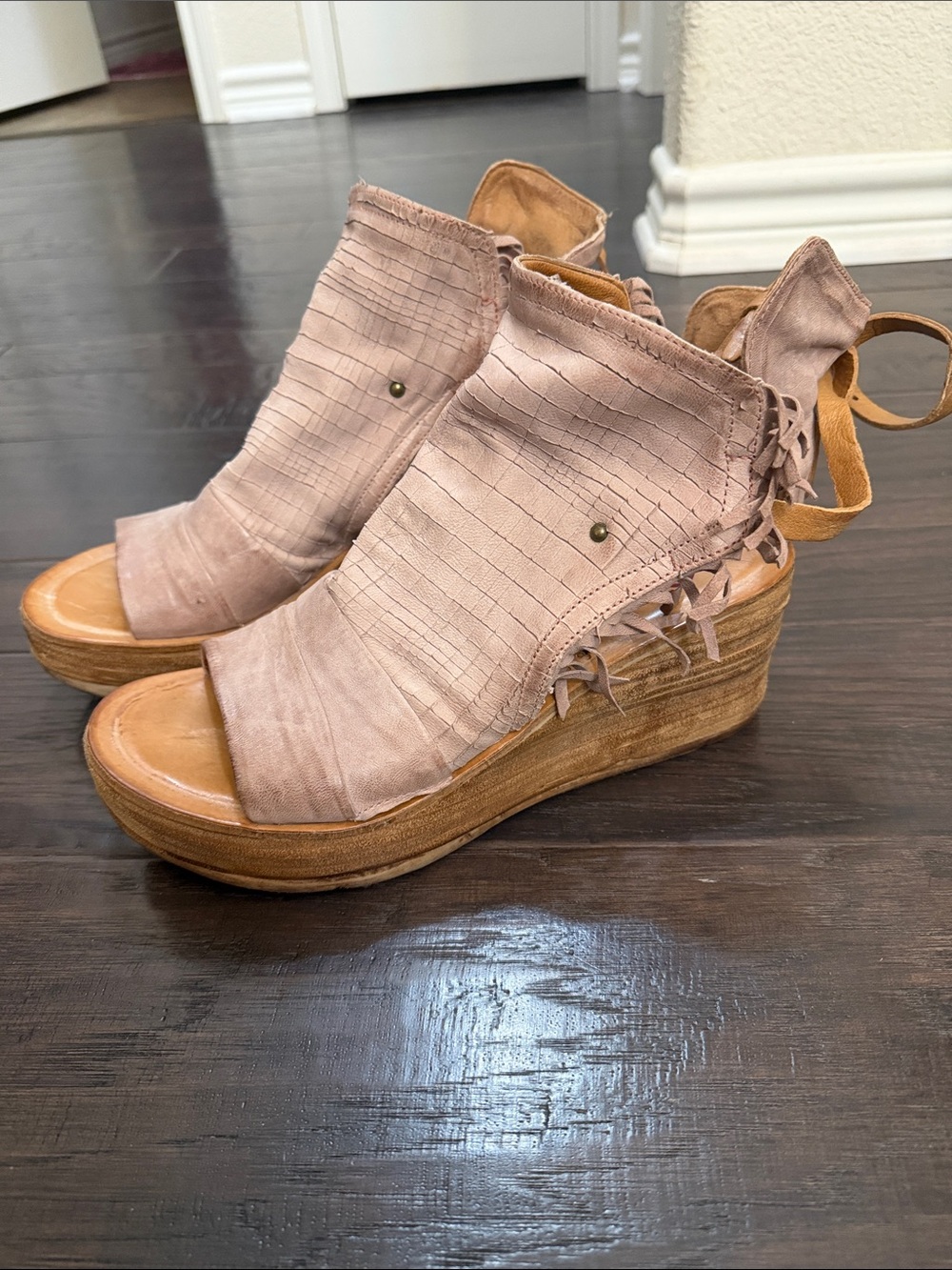 A.S.98 Blush Open-Toe Wedge Sandals with Fringe-Back Detail